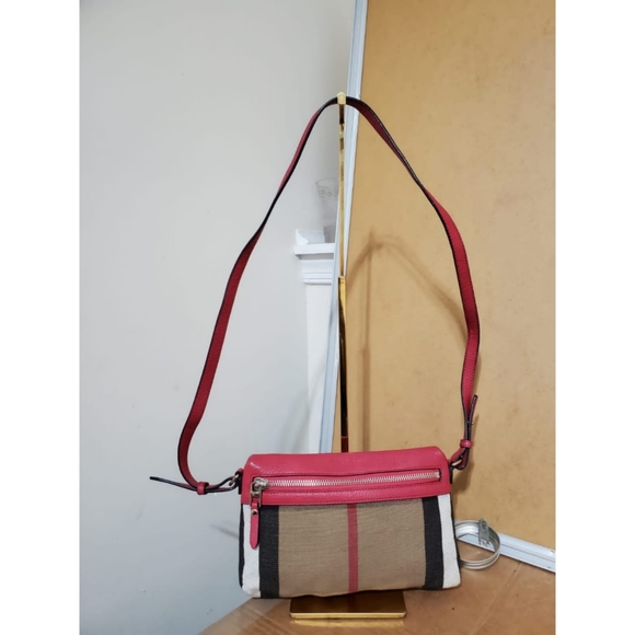 Authentic BURBERRY Check Canvas Crossbody  Cadmium Farley Red Bag - Picture 1 of 11